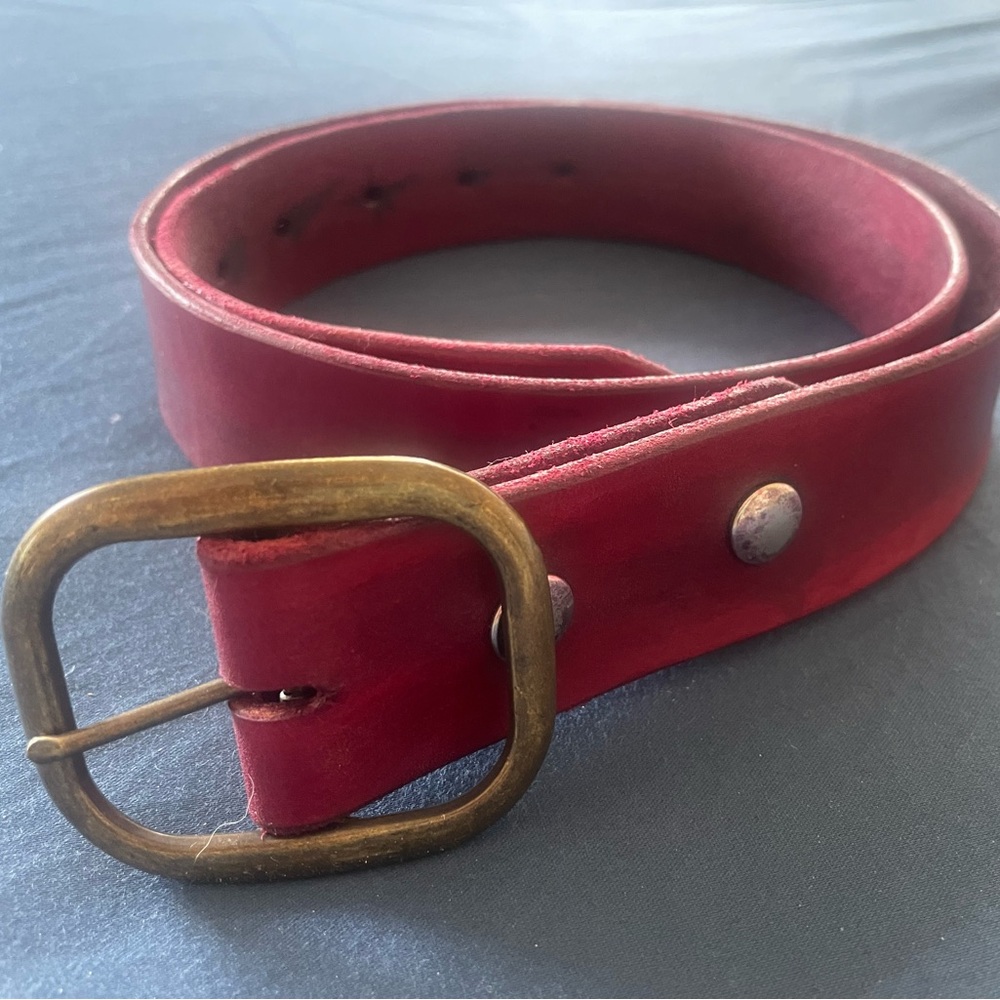 Red Leather Belt with Brass Buckle